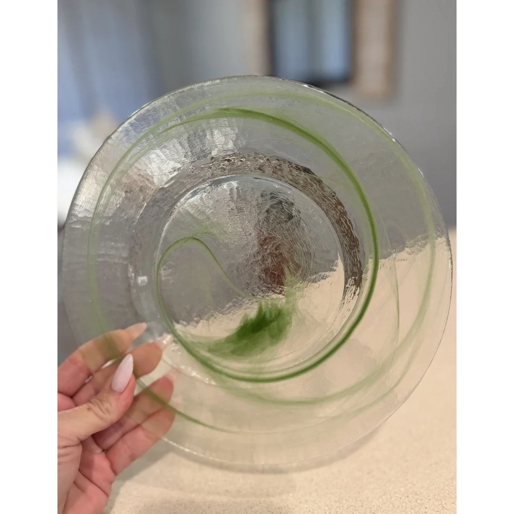 1 LVB1 Green Swirl Charger Salad Small Plate Blown Glass Vintage MCM Art Deco